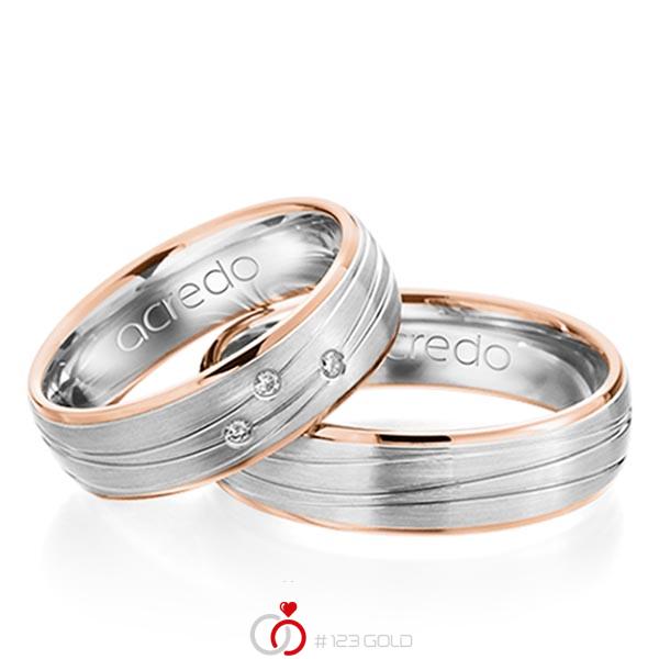 Paar bicolor Trauringe/Eheringe in Rotgold 585 Weissgold 585 mit zus. 0,045 ct. Brillant tw, si von acredo - A-1157-1 Paar bicolor Trauringe/Eheringe in Rotgold 585 Weissgold 585 mit zus. 0,045 ct. Brillant tw, si von acredo - A-1157-1