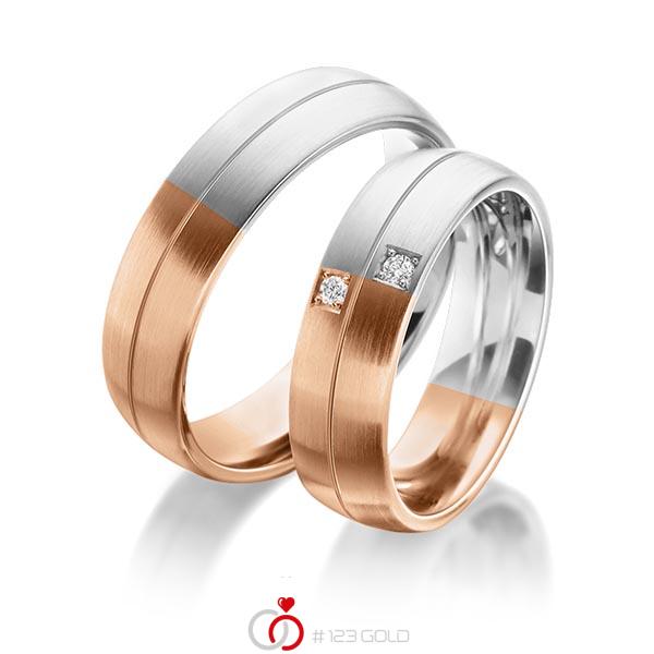 Paar bicolor Trauringe/Eheringe in Rotgold 585 Weissgold 585 mit zus. 0,04 ct. Brillant tw, si von 123gold - Y-1370-5 Paar bicolor Trauringe/Eheringe in Rotgold 585 Weissgold 585 mit zus. 0,04 ct. Brillant tw, si von 123gold - Y-1370-5