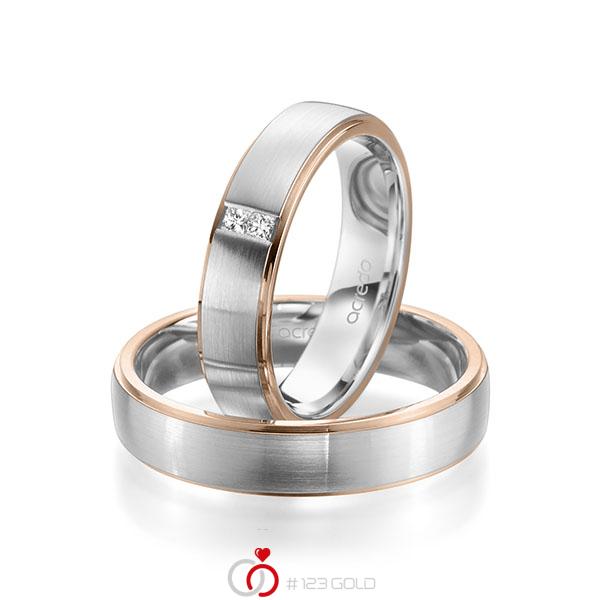 Paar bicolor Trauringe/Eheringe in Rotgold 585 Weissgold 585 mit zus. 0,06 ct. Prinzess-Diamant tw, si von acredo - A-1964-1 Paar bicolor Trauringe/Eheringe in Rotgold 585 Weissgold 585 mit zus. 0,06 ct. Prinzess-Diamant tw, si von acredo - A-1964-1