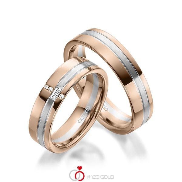 Paar bicolor Trauringe/Eheringe in Rotgold 585 Weissgold 585 mit zus. 0,074 ct. Baguette-Diamant & Brillant tw, vs tw, si von acredo - A-1947-3 Paar bicolor Trauringe/Eheringe in Rotgold 585 Weissgold 585 mit zus. 0,074 ct. Baguette-Diamant & Brillant tw, vs tw, si von acredo - A-1947-3