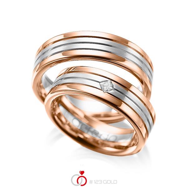 Paar bicolor Trauringe/Eheringe in Rotgold 585 Weißgold 585 mit zus. 0,08 ct. Prinzess-Diamant tw, si von acredo - A-1023-6 Paar bicolor Trauringe/Eheringe in Rotgold 585 Weißgold 585 mit zus. 0,08 ct. Prinzess-Diamant tw, si von acredo - A-1023-6