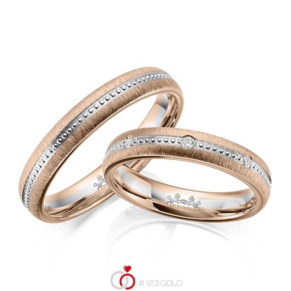 Paar bicolor Trauringe/Eheringe in Rotgold 585 Weißgold 585 mit zus. 0,16 ct. Brillant tw, si von Steinberg - Q-1647-1 Paar bicolor Trauringe/Eheringe in Rotgold 585 Weißgold 585 mit zus. 0,16 ct. Brillant tw, si von Steinberg - Q-1647-1
