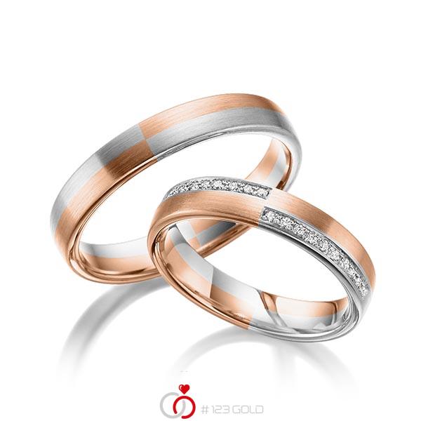 Paar bicolor Trauringe/Eheringe in Rotgold 585 Weissgold 585 mit zus. 0,1 ct. Brillant tw, si von 123gold - Y-1375-4 Paar bicolor Trauringe/Eheringe in Rotgold 585 Weissgold 585 mit zus. 0,1 ct. Brillant tw, si von 123gold - Y-1375-4