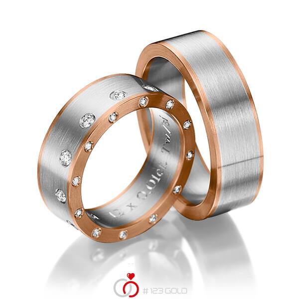 Paar bicolor Trauringe/Eheringe in Rotgold 585 Weissgold 585 mit zus. 0,48 ct. Brillant tw, si von 123gold - Y-1147-1 Paar bicolor Trauringe/Eheringe in Rotgold 585 Weissgold 585 mit zus. 0,48 ct. Brillant tw, si von 123gold - Y-1147-1