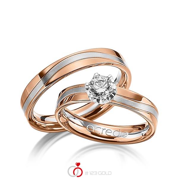 Paar bicolor Trauringe/Eheringe in Rotgold 750 Weißgold 750 mit 0,4 ct. Brillant tw, si von acredo - A-1210-3 Paar bicolor Trauringe/Eheringe in Rotgold 750 Weißgold 750 mit 0,4 ct. Brillant tw, si von acredo - A-1210-3