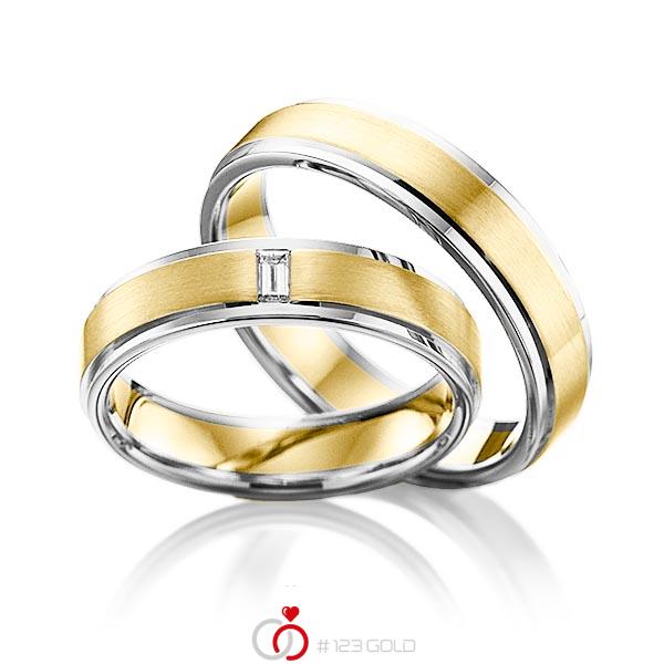 Paar bicolor Trauringe/Eheringe in Weissgold 585 Gelbgold 585 mit zus. 0,06 ct. Baguette-Diamant tw, vs von 123gold - Y-1107-14 Paar bicolor Trauringe/Eheringe in Weissgold 585 Gelbgold 585 mit zus. 0,06 ct. Baguette-Diamant tw, vs von 123gold - Y-1107-14
