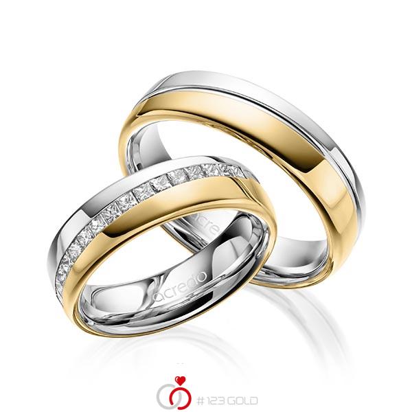 Paar bicolor Trauringe/Eheringe in Weissgold 585 Gelbgold 585 mit zus. 0,48 ct. Prinzess-Diamant tw, vs von acredo - A-1627-1 Paar bicolor Trauringe/Eheringe in Weissgold 585 Gelbgold 585 mit zus. 0,48 ct. Prinzess-Diamant tw, vs von acredo - A-1627-1