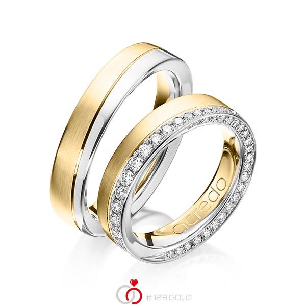 Paar bicolor Trauringe/Eheringe in Weissgold 585 Gelbgold 585 mit zus. 0,654 ct. Brillant tw, si von acredo - A-1156-1 Paar bicolor Trauringe/Eheringe in Weissgold 585 Gelbgold 585 mit zus. 0,654 ct. Brillant tw, si von acredo - A-1156-1