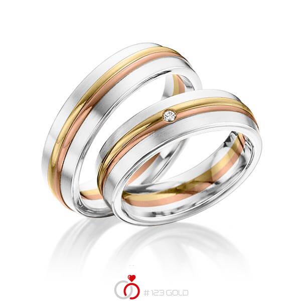 Paar bicolor Trauringe/Eheringe in Weißgold 585 Gelbgold 585 Rotgold 585 mit zus. 0,025 ct. Brillant tw, si von 123gold - Y-1293-6 Paar bicolor Trauringe/Eheringe in Weißgold 585 Gelbgold 585 Rotgold 585 mit zus. 0,025 ct. Brillant tw, si von 123gold - Y-1293-6