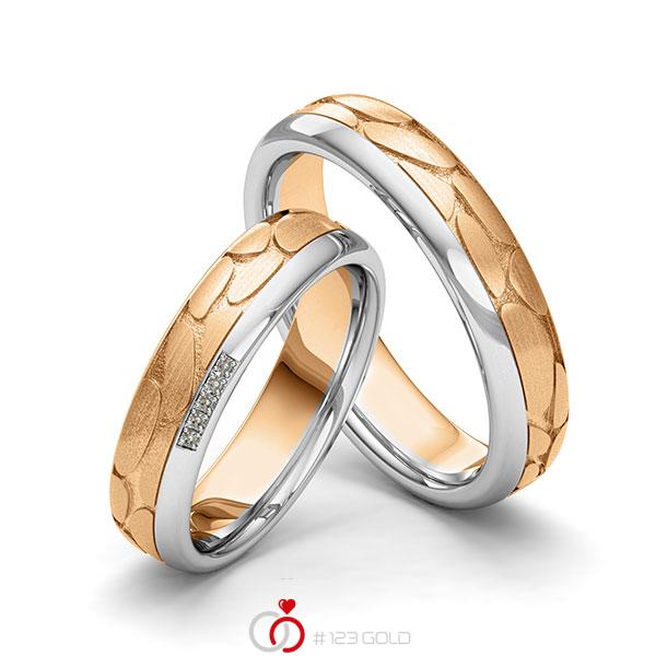Paar bicolor Trauringe/Eheringe in Weissgold 585 Roségold 585 Laser Struktur mit zus. 0,025 ct. Brillant tw, si von 123gold - Y-1388-7 Paar bicolor Trauringe/Eheringe in Weissgold 585 Roségold 585 Laser Struktur mit zus. 0,025 ct. Brillant tw, si von 123gold - Y-1388-7