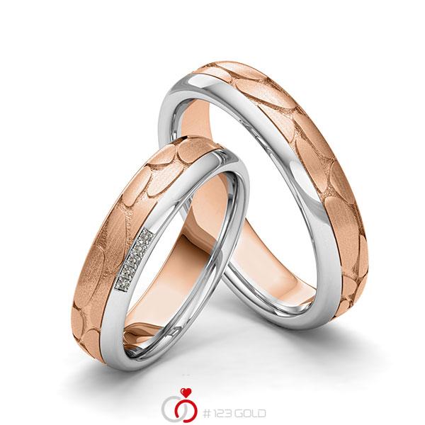 Paar bicolor Trauringe/Eheringe in Weissgold 585 Rotgold 585 Laser Struktur mit zus. 0,025 ct. Brillant tw, si von 123gold - Y-1388-8 Paar bicolor Trauringe/Eheringe in Weissgold 585 Rotgold 585 Laser Struktur mit zus. 0,025 ct. Brillant tw, si von 123gold - Y-1388-8