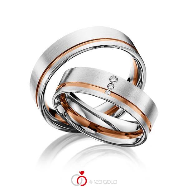 Paar bicolor Trauringe/Eheringe in Weissgold 585 Rotgold 585 mit zus. 0,031 ct. Brillant tw, si von 123gold - Y-1304-4 Paar bicolor Trauringe/Eheringe in Weissgold 585 Rotgold 585 mit zus. 0,031 ct. Brillant tw, si von 123gold - Y-1304-4