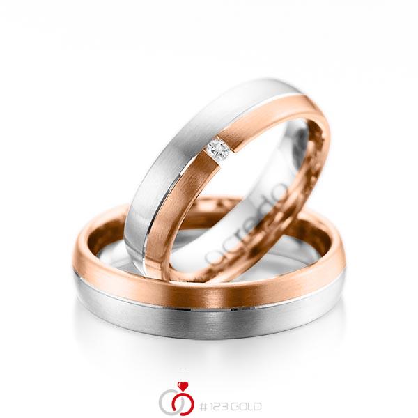 Paar bicolor Trauringe/Eheringe in Weißgold 585 Rotgold 585 mit zus. 0,03 ct. Brillant tw, si von acredo - A-1070-4 Paar bicolor Trauringe/Eheringe in Weißgold 585 Rotgold 585 mit zus. 0,03 ct. Brillant tw, si von acredo - A-1070-4