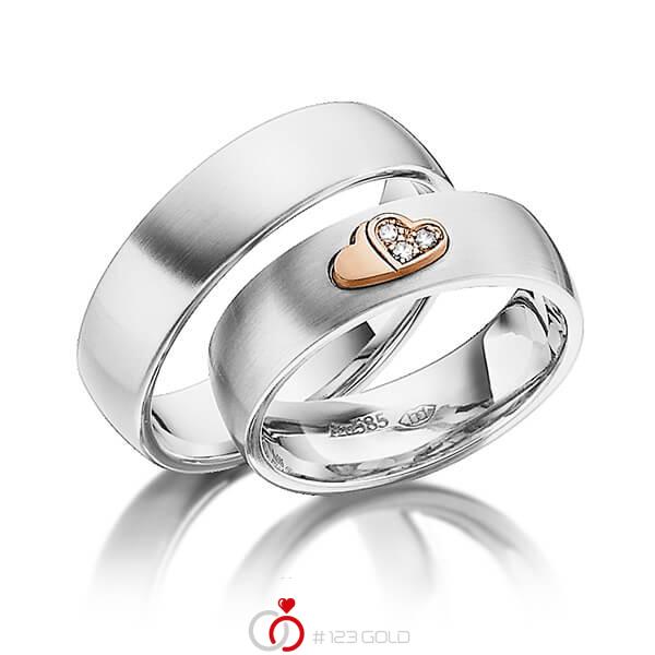 Paar bicolor Trauringe/Eheringe in Weissgold 585 Rotgold 585 mit zus. 0,045 ct. Brillant tw, si von 123gold - Y-1339-6 Paar bicolor Trauringe/Eheringe in Weissgold 585 Rotgold 585 mit zus. 0,045 ct. Brillant tw, si von 123gold - Y-1339-6