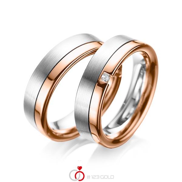 Paar bicolor Trauringe/Eheringe in Weissgold 585 Rotgold 585 mit zus. 0,04 ct. Prinzess-Diamant tw, si von acredo - A-1064-1 Paar bicolor Trauringe/Eheringe in Weissgold 585 Rotgold 585 mit zus. 0,04 ct. Prinzess-Diamant tw, si von acredo - A-1064-1