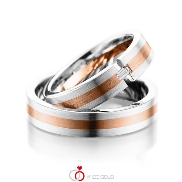 Paar bicolor Trauringe/Eheringe in Weißgold 585 Rotgold 585 mit zus. 0,05 ct. Baguette-Diamant tw, vs von 123gold - Y-1075-16 Paar bicolor Trauringe/Eheringe in Weißgold 585 Rotgold 585 mit zus. 0,05 ct. Baguette-Diamant tw, vs von 123gold - Y-1075-16
