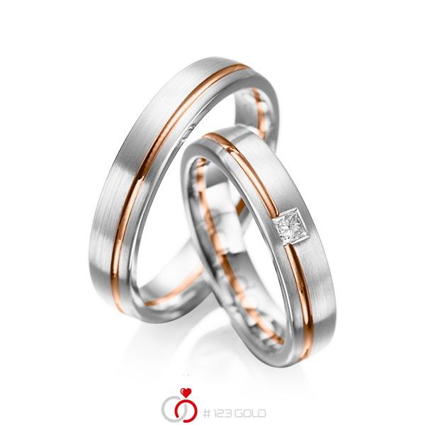 Paar bicolor Trauringe/Eheringe in Weissgold 585 Rotgold 585 mit zus. 0,08 ct. Prinzess-Diamant tw, si von acredo - A-1018-1 Paar bicolor Trauringe/Eheringe in Weissgold 585 Rotgold 585 mit zus. 0,08 ct. Prinzess-Diamant tw, si von acredo - A-1018-1