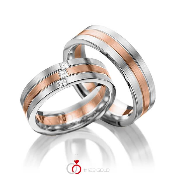 Paar bicolor Trauringe/Eheringe in Weissgold 585 Rotgold 585 mit zus. 0,12 ct. Prinzess-Diamant tw, vs von 123gold - Y-1094-16 Paar bicolor Trauringe/Eheringe in Weissgold 585 Rotgold 585 mit zus. 0,12 ct. Prinzess-Diamant tw, vs von 123gold - Y-1094-16