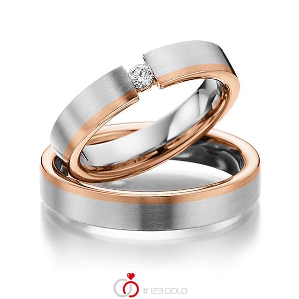 Paar bicolor Trauringe/Eheringe in Weissgold 585 Rotgold 585 mit zus. 0,1 ct. Brillant tw, si von 123gold - Y-1296-4 Paar bicolor Trauringe/Eheringe in Weissgold 585 Rotgold 585 mit zus. 0,1 ct. Brillant tw, si von 123gold - Y-1296-4