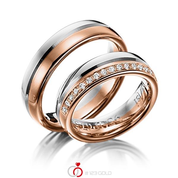 Paar bicolor Trauringe/Eheringe in Weissgold 585 Rotgold 585 mit zus. 0,225 ct. Brillant tw, si von 123gold - Y-1131-15 Paar bicolor Trauringe/Eheringe in Weissgold 585 Rotgold 585 mit zus. 0,225 ct. Brillant tw, si von 123gold - Y-1131-15
