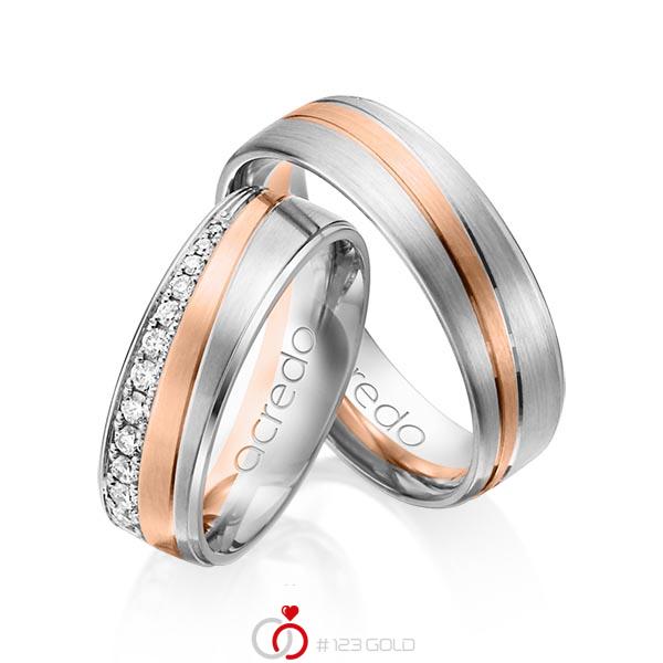Paar bicolor Trauringe/Eheringe in Weissgold 585 Rotgold 585 mit zus. 0,406 ct. Brillant tw, si von acredo - A-1152-1 Paar bicolor Trauringe/Eheringe in Weissgold 585 Rotgold 585 mit zus. 0,406 ct. Brillant tw, si von acredo - A-1152-1
