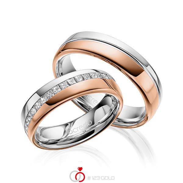 Paar bicolor Trauringe/Eheringe in Weissgold 585 Rotgold 585 mit zus. 0,48 ct. Prinzess-Diamant tw, vs von acredo - A-1627-3 Paar bicolor Trauringe/Eheringe in Weissgold 585 Rotgold 585 mit zus. 0,48 ct. Prinzess-Diamant tw, vs von acredo - A-1627-3