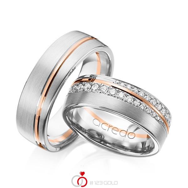 Paar bicolor Trauringe/Eheringe in Weißgold 585 Rotgold 585 mit zus. 0,884 ct. Brillant tw, si von acredo - A-1155-1 Paar bicolor Trauringe/Eheringe in Weißgold 585 Rotgold 585 mit zus. 0,884 ct. Brillant tw, si von acredo - A-1155-1