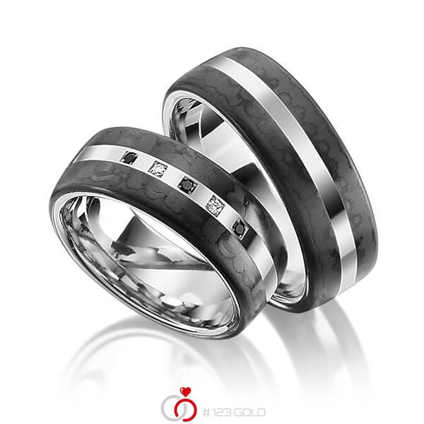 Paar Carbon Trauringe/Eheringe in Edelstahl Carbon-Einzug mit zus. 0,05 ct. Brillant schwarz tw, si von 123gold - Y-1321-6 Paar Carbon Trauringe/Eheringe in Edelstahl Carbon-Einzug mit zus. 0,05 ct. Brillant schwarz tw, si von 123gold - Y-1321-6