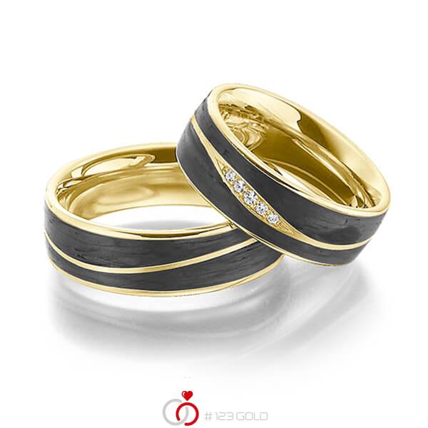 Paar Carbon Trauringe/Eheringe in Gelbgold 585 Gelbgold 585 mit Carbon-Einzug mit zus. 0,045 ct. Brillant tw, si von 123gold - Y-1349-1 Paar Carbon Trauringe/Eheringe in Gelbgold 585 Gelbgold 585 mit Carbon-Einzug mit zus. 0,045 ct. Brillant tw, si von 123gold - Y-1349-1