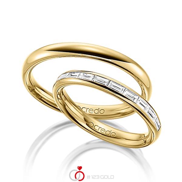 Paar klassische Memoire-Trauringe/Eheringe in aussen Gelbgold 585 , innen Gelbgold 585 halbausgefasst mit zus. 0,5 ct. Baguette-Diamant tw, vs von acredo - A-1532-6 Paar klassische Memoire-Trauringe/Eheringe in aussen Gelbgold 585 , innen Gelbgold 585 halbausgefasst mit zus. 0,5 ct. Baguette-Diamant tw, vs von acredo - A-1532-6