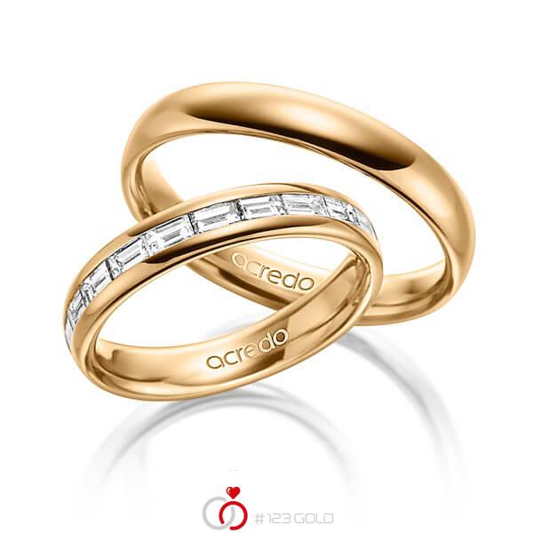 Paar klassische Memoire-Trauringe/Eheringe in aussen Roségold 585 , innen Roségold 585 halbausgefasst mit zus. 0,8 ct. Baguette-Diamant tw, vs von acredo - A-1530-7 Paar klassische Memoire-Trauringe/Eheringe in aussen Roségold 585 , innen Roségold 585 halbausgefasst mit zus. 0,8 ct. Baguette-Diamant tw, vs von acredo - A-1530-7