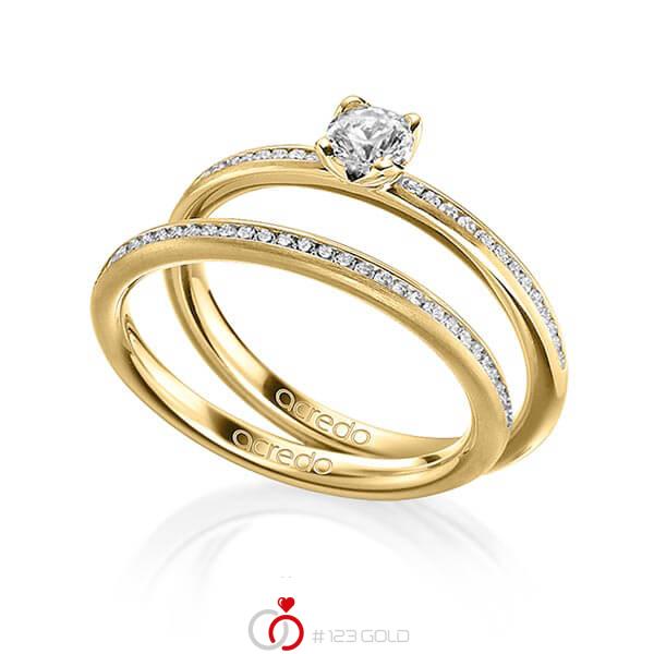 Paar klassische Memoire-Trauringe/Eheringe in Gelbgold 585 halbausgefasst mit 0,3 ct. + zus. 0,28 ct. Brillant tw, si von acredo - A-1599-2 Paar klassische Memoire-Trauringe/Eheringe in Gelbgold 585 halbausgefasst mit 0,3 ct. + zus. 0,28 ct. Brillant tw, si von acredo - A-1599-2