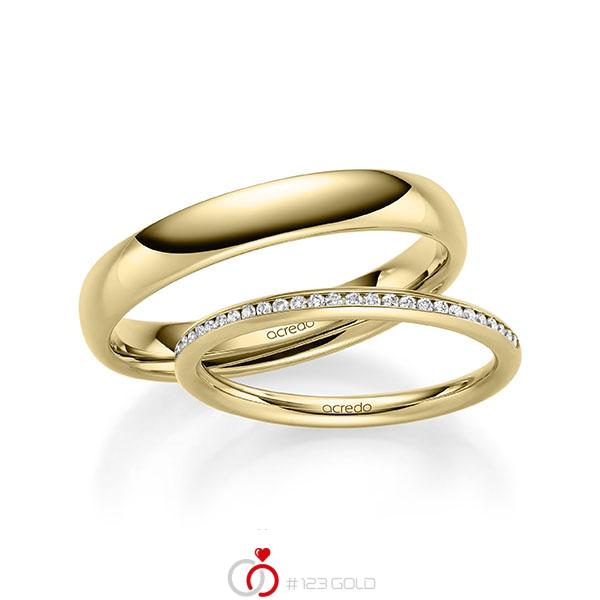 Paar klassische Memoire-Trauringe/Eheringe in Gelbgold 585 halbausgefasst mit zus. 0,15 ct. Brillant tw, si von acredo - A-1598-2 Paar klassische Memoire-Trauringe/Eheringe in Gelbgold 585 halbausgefasst mit zus. 0,15 ct. Brillant tw, si von acredo - A-1598-2