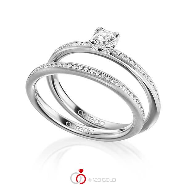 Paar klassische Memoire-Trauringe/Eheringe in Graugold 585 halbausgefasst mit 0,3 ct. + zus. 0,275 ct. Brillant tw, si von acredo - A-1599-3 Paar klassische Memoire-Trauringe/Eheringe in Graugold 585 halbausgefasst mit 0,3 ct. + zus. 0,275 ct. Brillant tw, si von acredo - A-1599-3