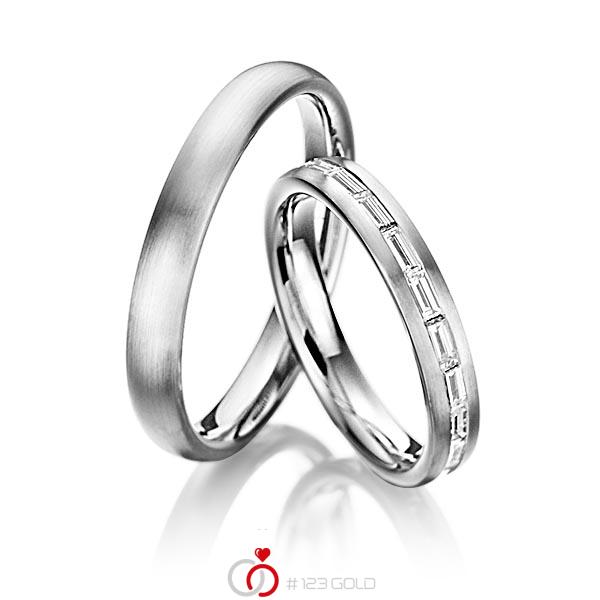 Paar klassische Memoire-Trauringe/Eheringe in Graugold 585 vollausgefasst mit zus. 1,38 ct. Baguette-Diamant tw, vs von 123gold - Y-1109-3 Paar klassische Memoire-Trauringe/Eheringe in Graugold 585 vollausgefasst mit zus. 1,38 ct. Baguette-Diamant tw, vs von 123gold - Y-1109-3