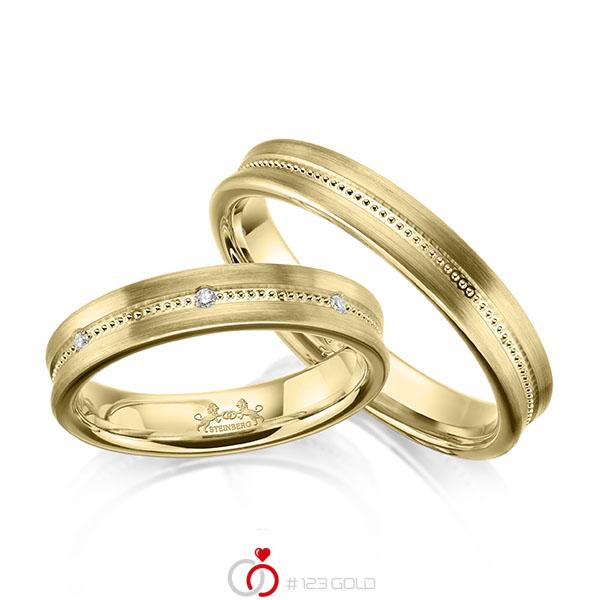 Paar klassische Trauringe/Eheringe in Gelbgold 585 mit zus. 0,07 ct. Brillant tw, si von Steinberg - Q-1654-1 Paar klassische Trauringe/Eheringe in Gelbgold 585 mit zus. 0,07 ct. Brillant tw, si von Steinberg - Q-1654-1