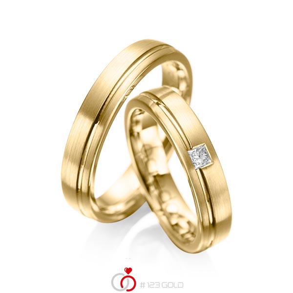 Paar klassische Trauringe/Eheringe in Gelbgold 585 mit zus. 0,08 ct. Prinzess-Diamant tw, si von acredo - A-1018-10 Paar klassische Trauringe/Eheringe in Gelbgold 585 mit zus. 0,08 ct. Prinzess-Diamant tw, si von acredo - A-1018-10