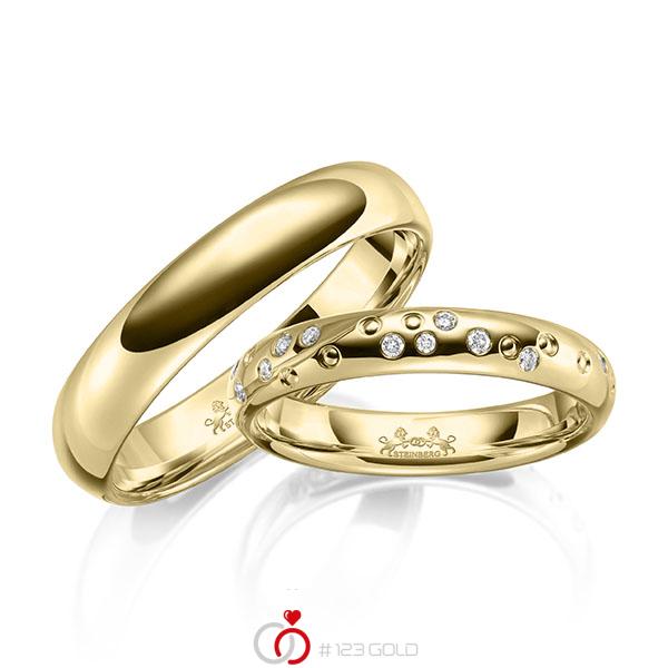 Paar klassische Trauringe/Eheringe in Gelbgold 585 mit zus. 0,153 ct. Brillant w, si von Steinberg - Q-1666-3 Paar klassische Trauringe/Eheringe in Gelbgold 585 mit zus. 0,153 ct. Brillant w, si von Steinberg - Q-1666-3
