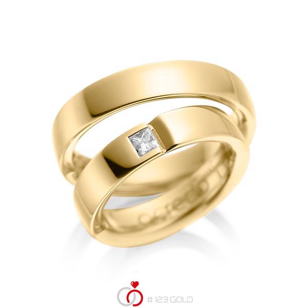 Paar klassische Trauringe/Eheringe in Gelbgold 585 mit zus. 0,15 ct. Prinzess-Diamant tw, si von acredo - A-1029-3 Paar klassische Trauringe/Eheringe in Gelbgold 585 mit zus. 0,15 ct. Prinzess-Diamant tw, si von acredo - A-1029-3