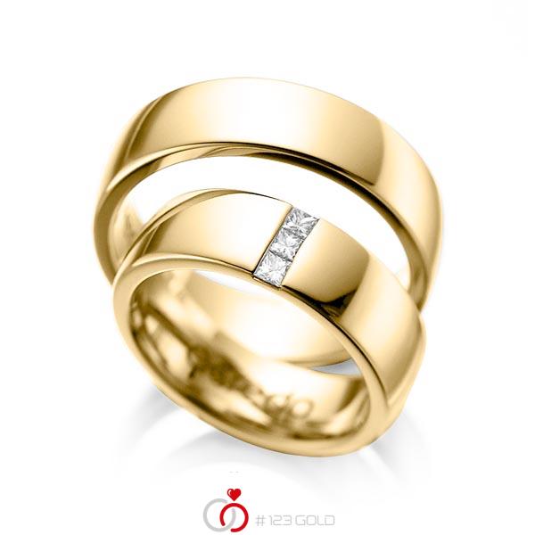 Paar klassische Trauringe/Eheringe in Gelbgold 585 mit zus. 0,15 ct. Prinzess-Diamant tw, si von acredo - A-1056-3 Paar klassische Trauringe/Eheringe in Gelbgold 585 mit zus. 0,15 ct. Prinzess-Diamant tw, si von acredo - A-1056-3