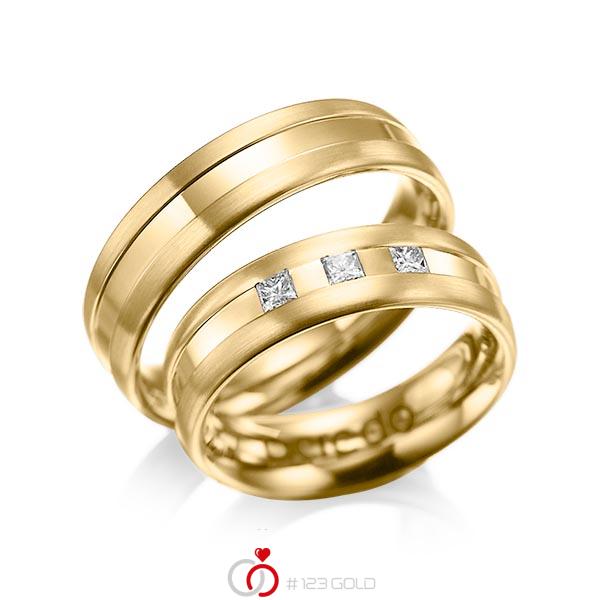 Paar klassische Trauringe/Eheringe in Gelbgold 585 mit zus. 0,18 ct. Prinzess-Diamant tw, si von acredo - A-1021-5 Paar klassische Trauringe/Eheringe in Gelbgold 585 mit zus. 0,18 ct. Prinzess-Diamant tw, si von acredo - A-1021-5
