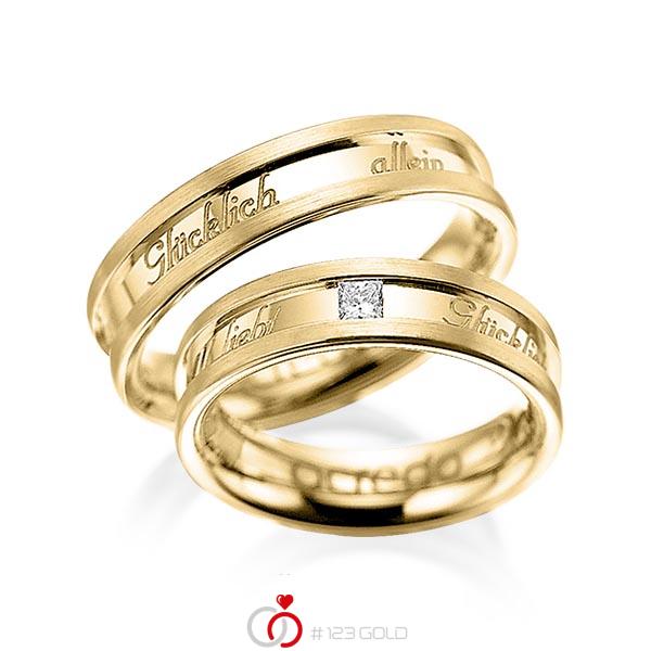 Paar klassische Trauringe/Eheringe in Gelbgold 585 mit zus. 0,1 ct. Prinzess-Diamant tw, si von acredo - A-1049-3 Paar klassische Trauringe/Eheringe in Gelbgold 585 mit zus. 0,1 ct. Prinzess-Diamant tw, si von acredo - A-1049-3