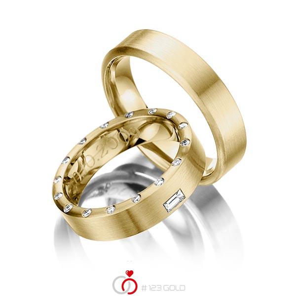 Paar klassische Trauringe/Eheringe in Gelbgold 585 mit zus. 0,26 ct. Brillant & Baguette-Diamant tw, si tw, vs von 123gold - Y-1113-4 Paar klassische Trauringe/Eheringe in Gelbgold 585 mit zus. 0,26 ct. Brillant & Baguette-Diamant tw, si tw, vs von 123gold - Y-1113-4