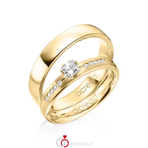 Paar klassische Trauringe/Eheringe in Gelbgold 585 mit zus. 0,33 ct. Prinzess-Diamant & Brillant tw, si von acredo - A-1367-2 Paar klassische Trauringe/Eheringe in Gelbgold 585 mit zus. 0,33 ct. Prinzess-Diamant & Brillant tw, si von acredo - A-1367-2