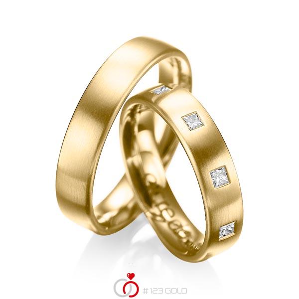 Paar klassische Trauringe/Eheringe in Gelbgold 585 mit zus. 0,45 ct. Prinzess-Diamant tw, si von acredo - A-1004-1 Paar klassische Trauringe/Eheringe in Gelbgold 585 mit zus. 0,45 ct. Prinzess-Diamant tw, si von acredo - A-1004-1