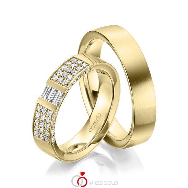 Paar klassische Trauringe/Eheringe in Gelbgold 585 mit zus. 0,61 ct. Brillant & Baguette-Diamant tw, si tw, vs von acredo - A-1969-3 Paar klassische Trauringe/Eheringe in Gelbgold 585 mit zus. 0,61 ct. Brillant & Baguette-Diamant tw, si tw, vs von acredo - A-1969-3