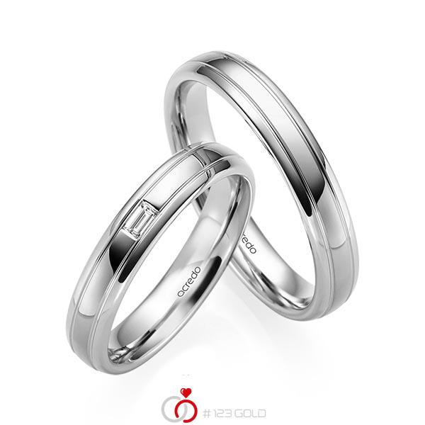 Paar klassische Trauringe/Eheringe in Graugold 585 mit zus. 0,06 ct. Baguette-Diamant tw, vs von acredo - S-1229-8 Paar klassische Trauringe/Eheringe in Graugold 585 mit zus. 0,06 ct. Baguette-Diamant tw, vs von acredo - S-1229-8
