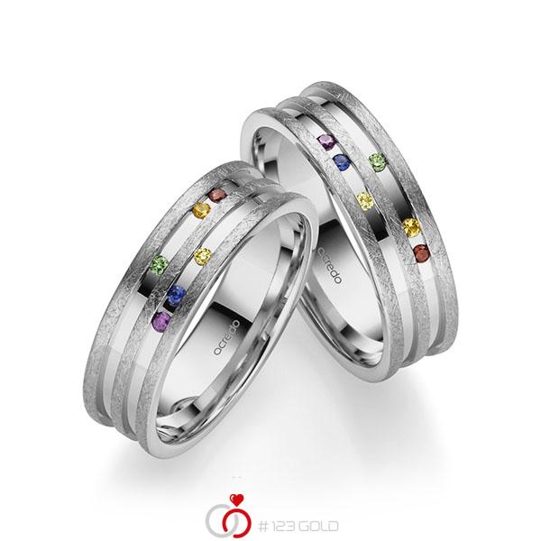 Paar klassische Trauringe/Eheringe in Graugold 585 mit zus. 0,09 ct. Brillant Saphir Pink (A 10) Red Cherry Apple Green Saphir Blau (A 10) Saphir Orange (A 12) gelb von acredo - A-2196-5 Paar klassische Trauringe/Eheringe in Graugold 585 mit zus. 0,09 ct. Brillant Saphir Pink (A 10) Red Cherry Apple Green Saphir Blau (A 10) Saphir Orange (A 12) gelb von acredo - A-2196-5
