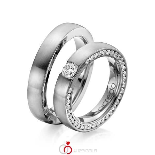 Paar klassische Trauringe/Eheringe in Graugold dunkel 585 mit 0,3 ct. + zus. 1,08 ct. Brillant tw, si von acredo - A-1107-6 Paar klassische Trauringe/Eheringe in Graugold dunkel 585 mit 0,3 ct. + zus. 1,08 ct. Brillant tw, si von acredo - A-1107-6