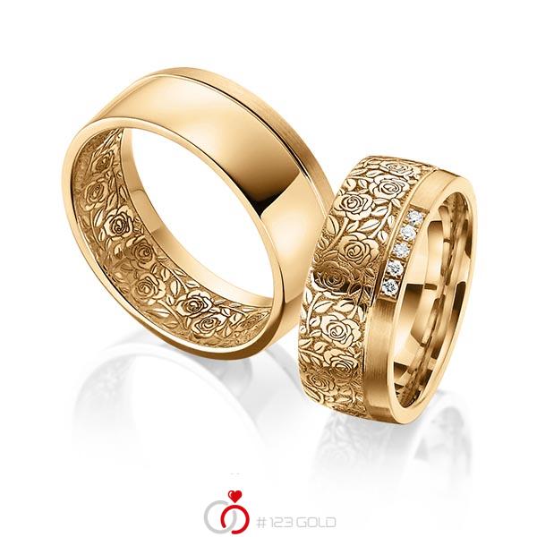Paar klassische Trauringe/Eheringe in Roségold 585 Laser Struktur mit zus. 0,05 ct. Brillant tw, si von 123gold - Y-1384-7 Paar klassische Trauringe/Eheringe in Roségold 585 Laser Struktur mit zus. 0,05 ct. Brillant tw, si von 123gold - Y-1384-7